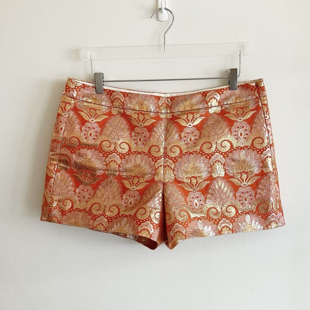 NWT J Crew Brocade Shorts Womens Sz 12 Orange Metalic Style A2537 Luxe Chic